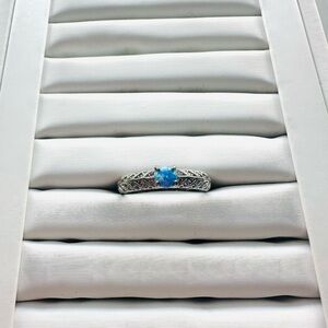 Bomb Party Silver Filigree Ring with Blue Opal Accent-Size 10